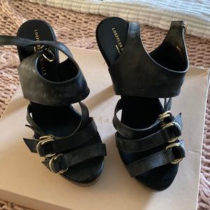 Loeffler Randall Black Leather Wooden Heeled Platform Strappy Sandals Size 8.5